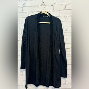 Soft Surroundings Gray Charcoal Open Front Knit Cardigan Sweater Lace Trim Large